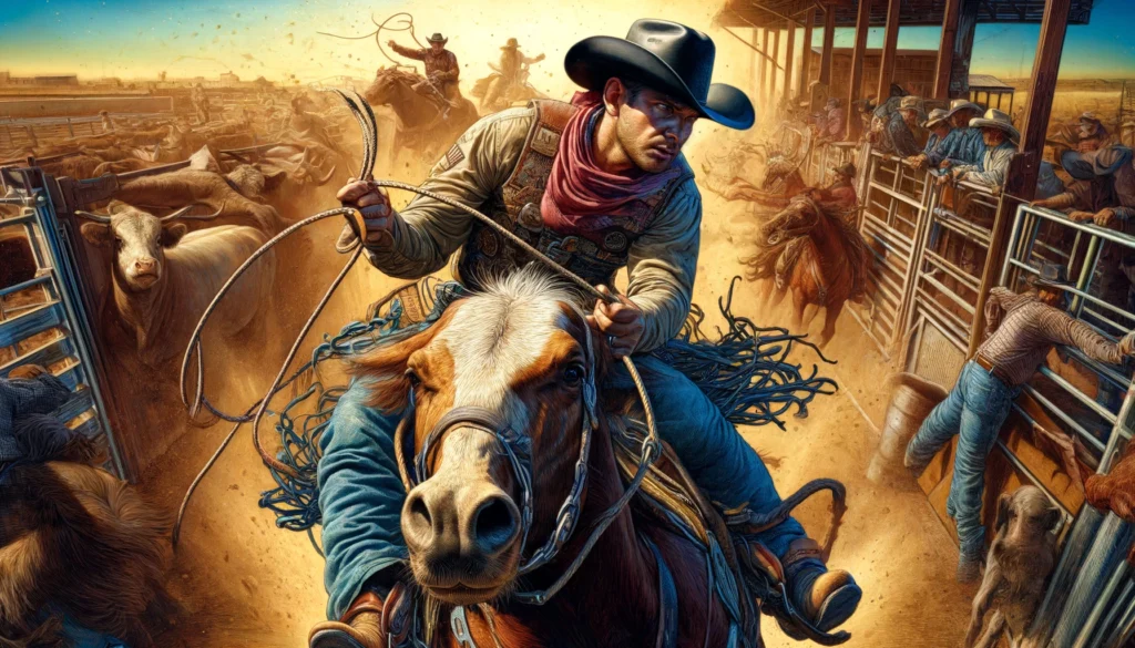 The Challenges of Rodeo Life - A vivid and detailed wide closeup illustration capturing the challenges of rodeo life intertwined with ranching and farming. The focus is on a rodeo c (2)