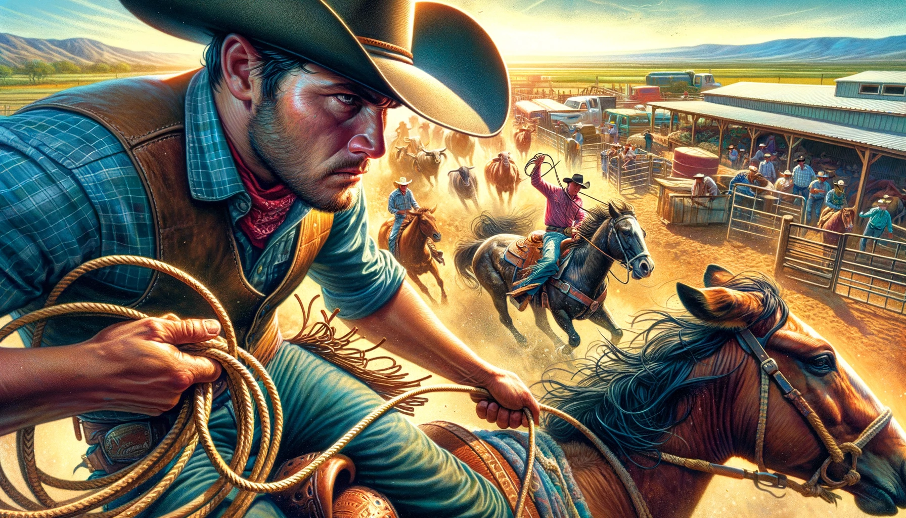 The Challenges of Rodeo Life - A vivid and detailed wide closeup illustration capturing the challenges of rodeo life intertwined with ranching and farming. The focus is on a rodeo c (2)